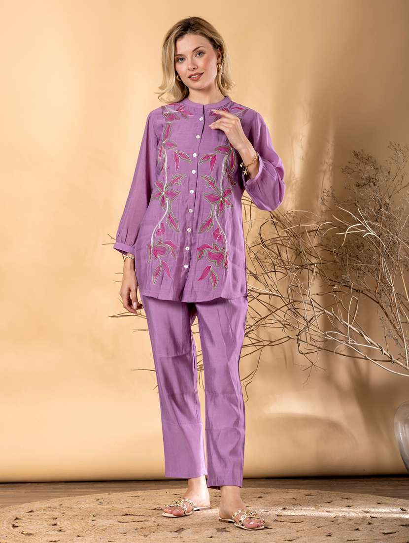women solid with work long sleeve shirt & trouser co-ord set - 22187662 -  Standard Image - 1