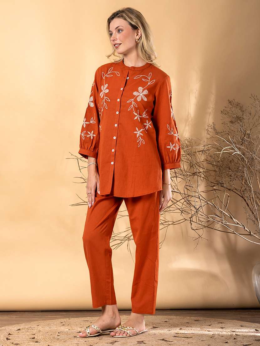 women solid with work three quarter sleeve shirt & trouser co-ord set - 22187664 -  Standard Image - 1