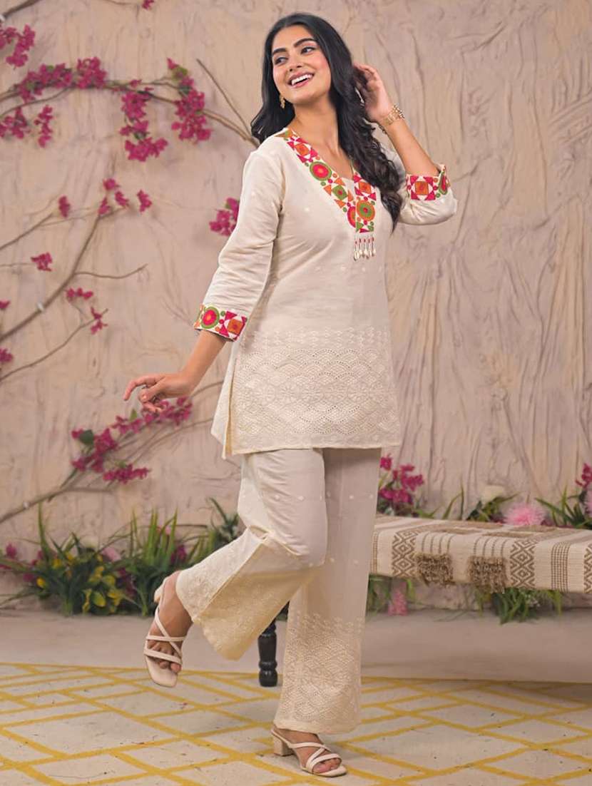 women solid with work three quarter sleeve ethnic co-ord set - 22187671 -  Standard Image - 1