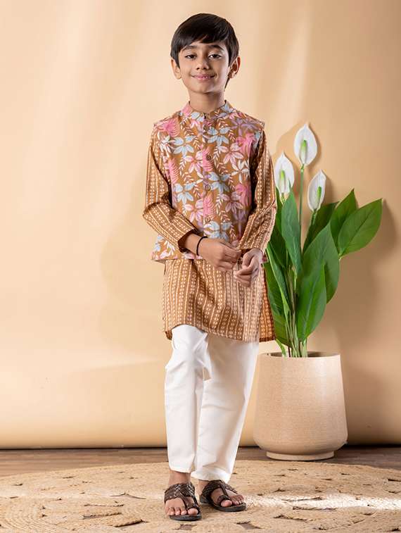 boys printed long sleeve kurta & pyjama set with jacket - 22187716 -  Standard Image - 1