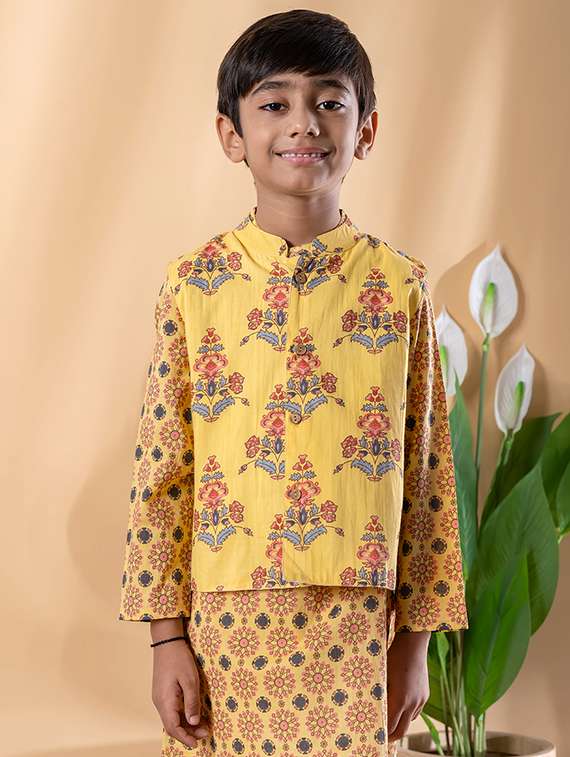 boys printed long sleeve kurta & pyjama set with jacket - 22187717 -  Standard Image - 4