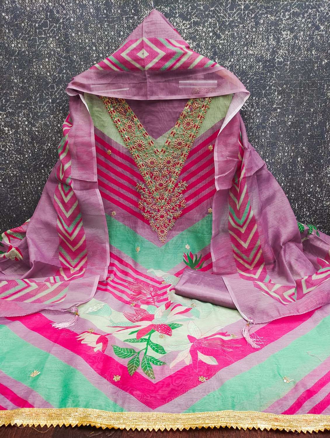 women printed embroidered unstitched suit set - 22187733 -  Standard Image - 1