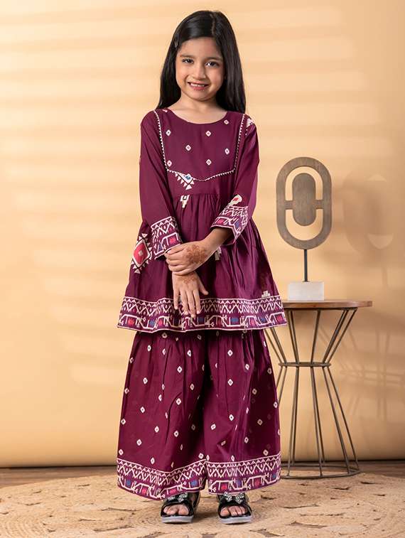 girls printed long sleeve kurta and sharara set - 22187757 -  Standard Image - 1