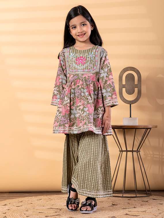 girls printed long sleeve kurta and sharara set - 22187759 -  Standard Image - 1