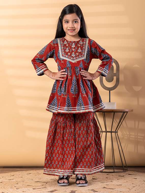 girls printed long sleeve kurta and sharara set