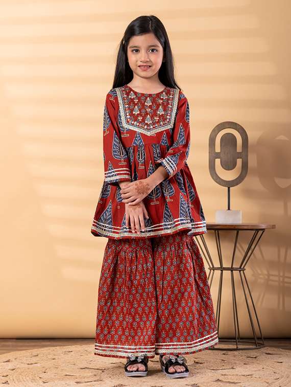 girls printed long sleeve kurta and sharara set - 22187761 -  Standard Image - 1