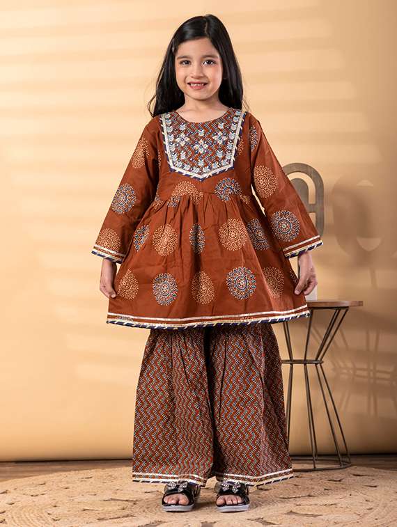 girls printed long sleeve kurta and sharara set