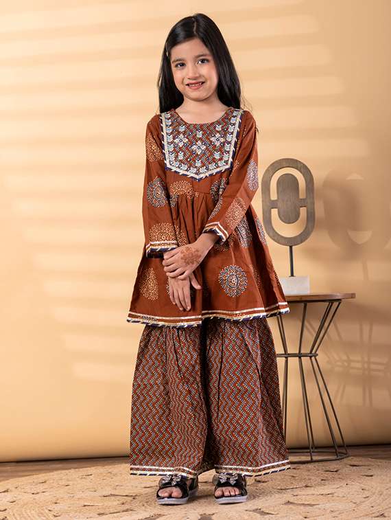 girls printed long sleeve kurta and sharara set - 22187762 -  Standard Image - 1