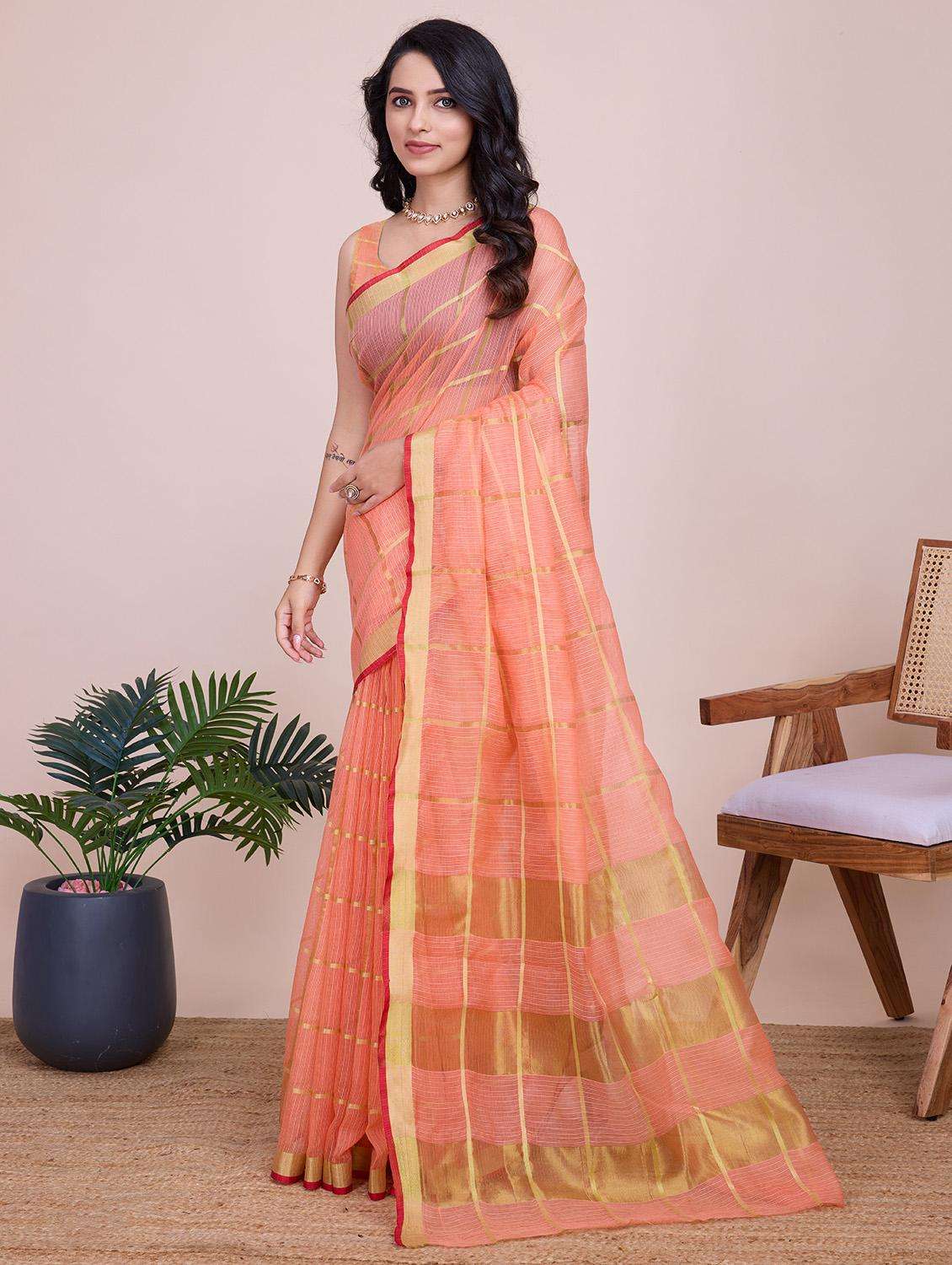 women checkered bordered saree with blouse - 22187795 -  Standard Image - 4