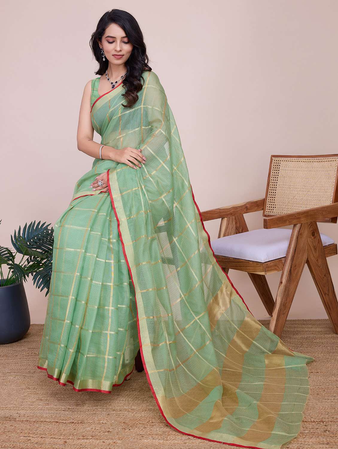 women checkered bordered saree with blouse - 22187796 -  Standard Image - 1