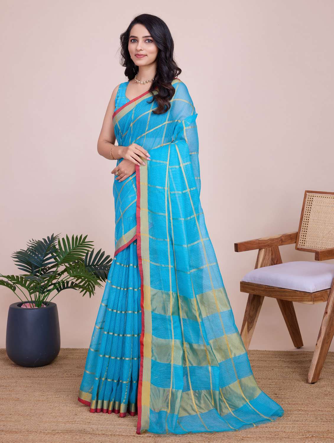 women checkered bordered saree with blouse - 22187798 -  Standard Image - 1