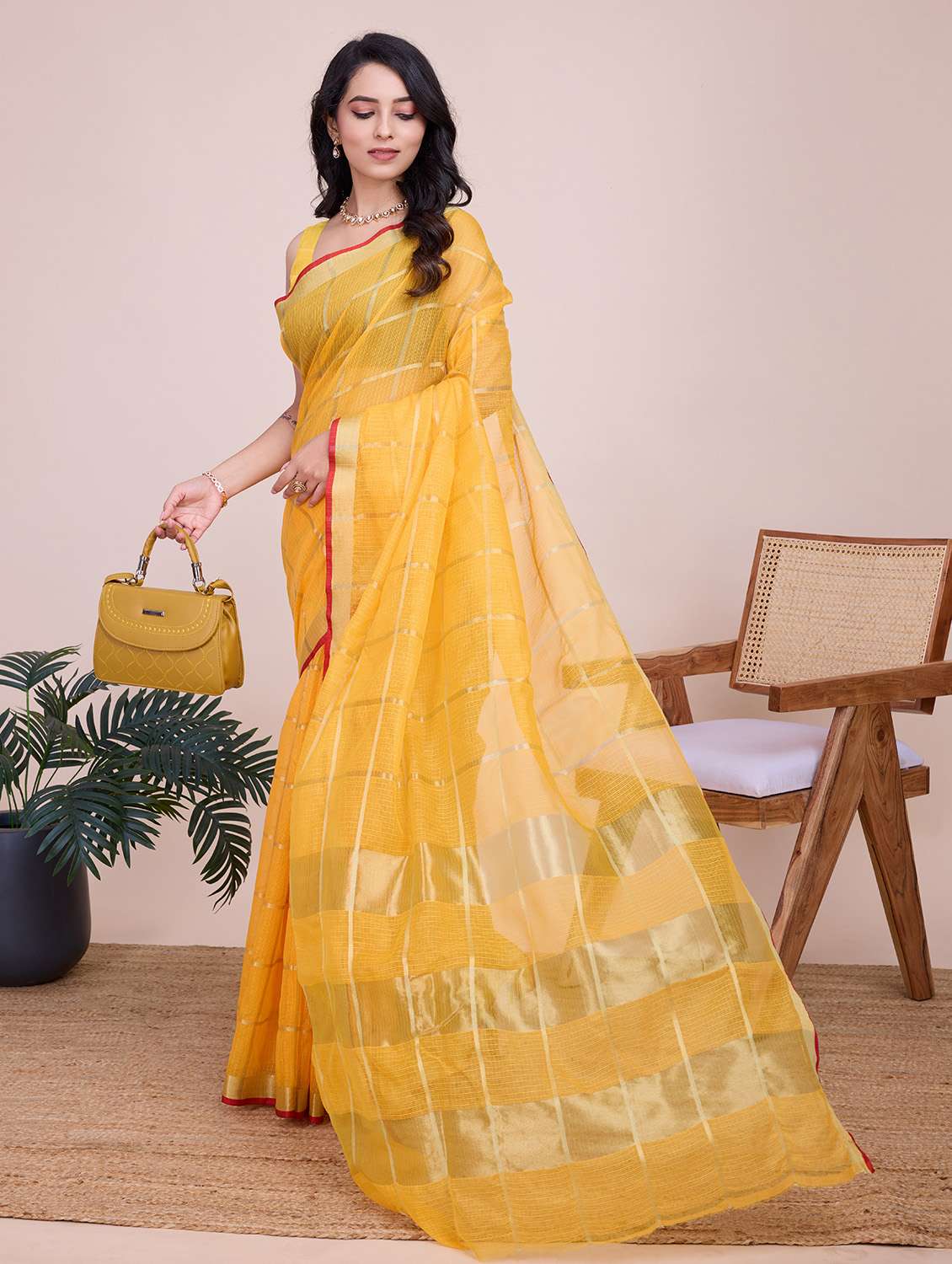 women checkered bordered saree with blouse - 22187799 -  Standard Image - 1