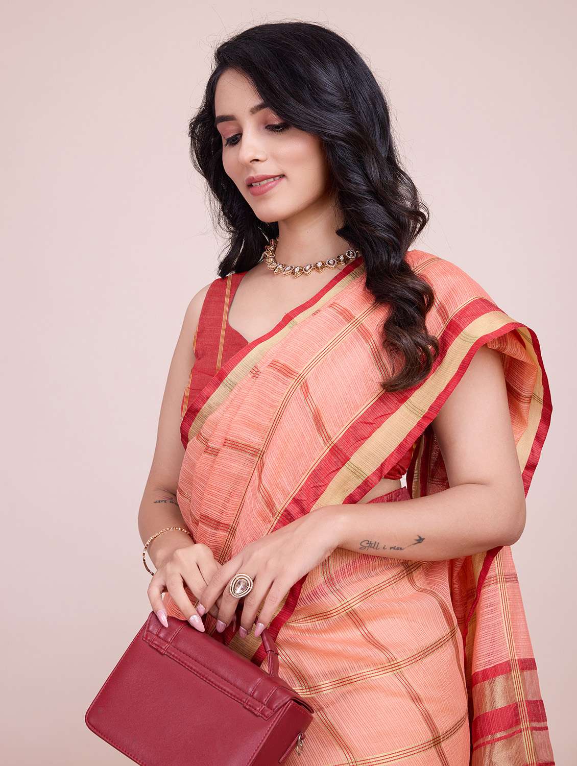 women checkered bordered saree with blouse - 22187802 -  Standard Image - 4