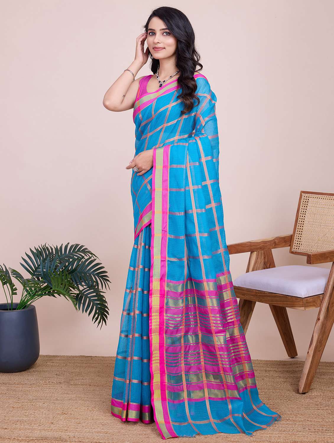 women checkered bordered saree with blouse - 22187805 -  Standard Image - 1