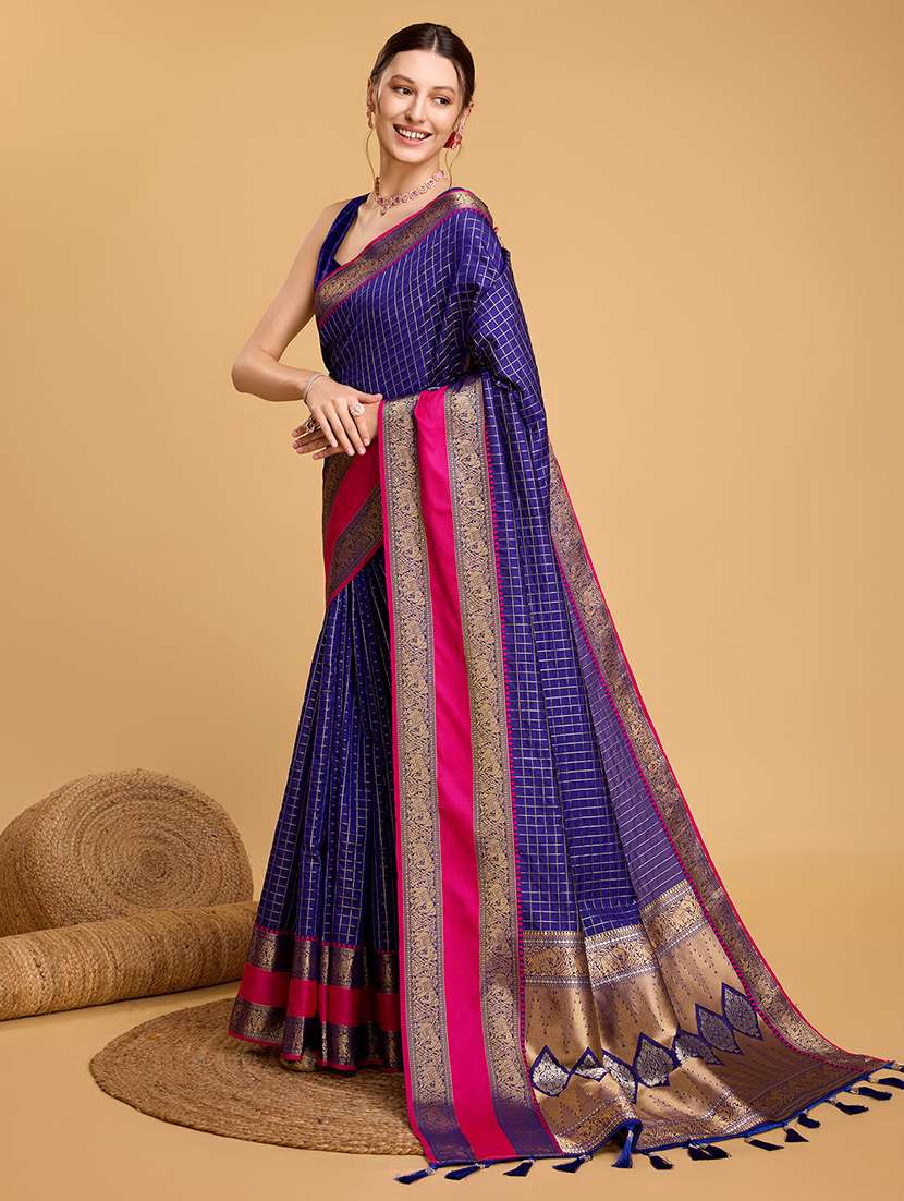 women checkered bordered saree with blouse - 22187853 -  Standard Image - 1