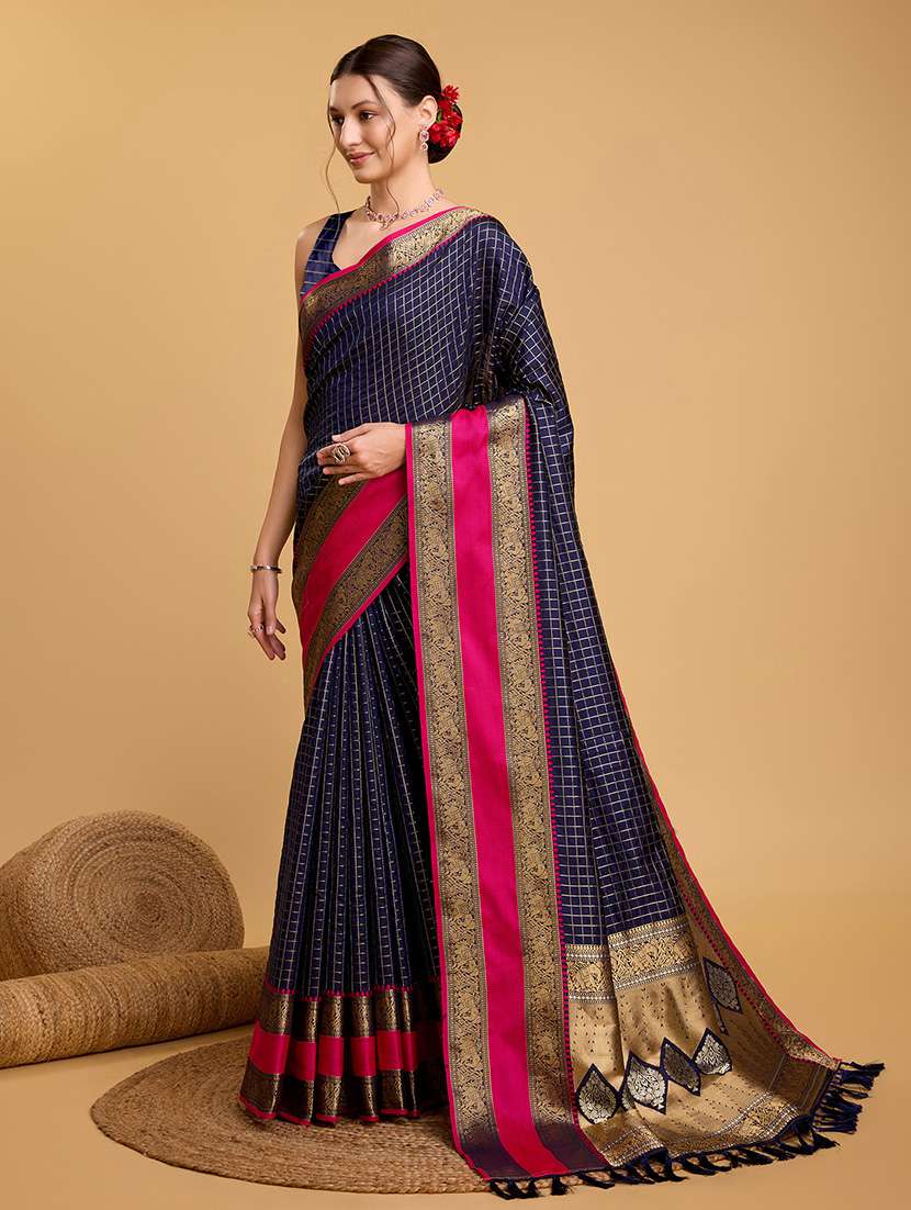 women checkered bordered saree with blouse - 22187854 -  Standard Image - 1