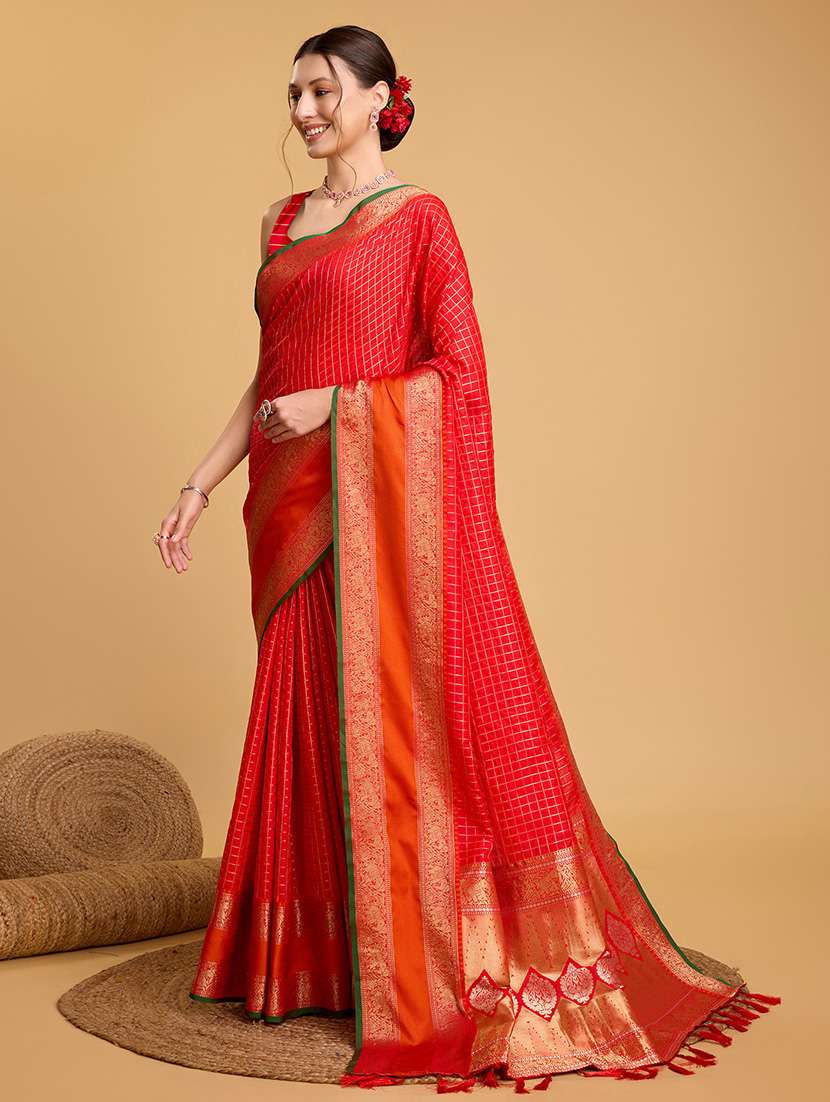 women checkered bordered saree with blouse - 22187856 -  Standard Image - 1