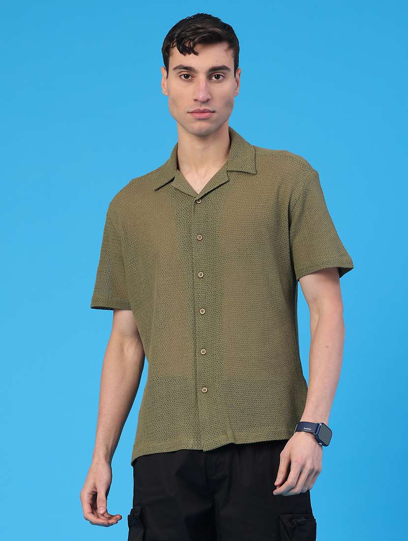 men solid cuban collar short sleeve casual shirt - 22217094 -  Standard Image - 1
