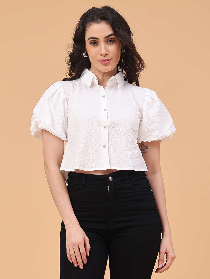 women solid collared puff sleeve crop top - 22217241 -  Standard Image - 1