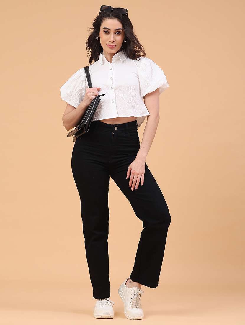 women solid collared puff sleeve crop top - 22217241 -  Standard Image - 4