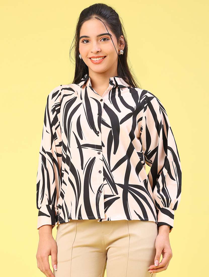 women printed collared puff sleeve shirt - 22217266 -  Standard Image - 1