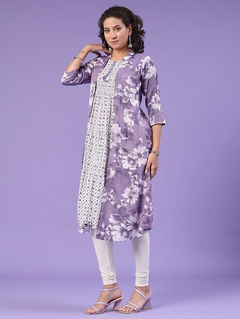 Women Lavender Cotton Tiered Kurta - 22217330 -  Standard Image - 4