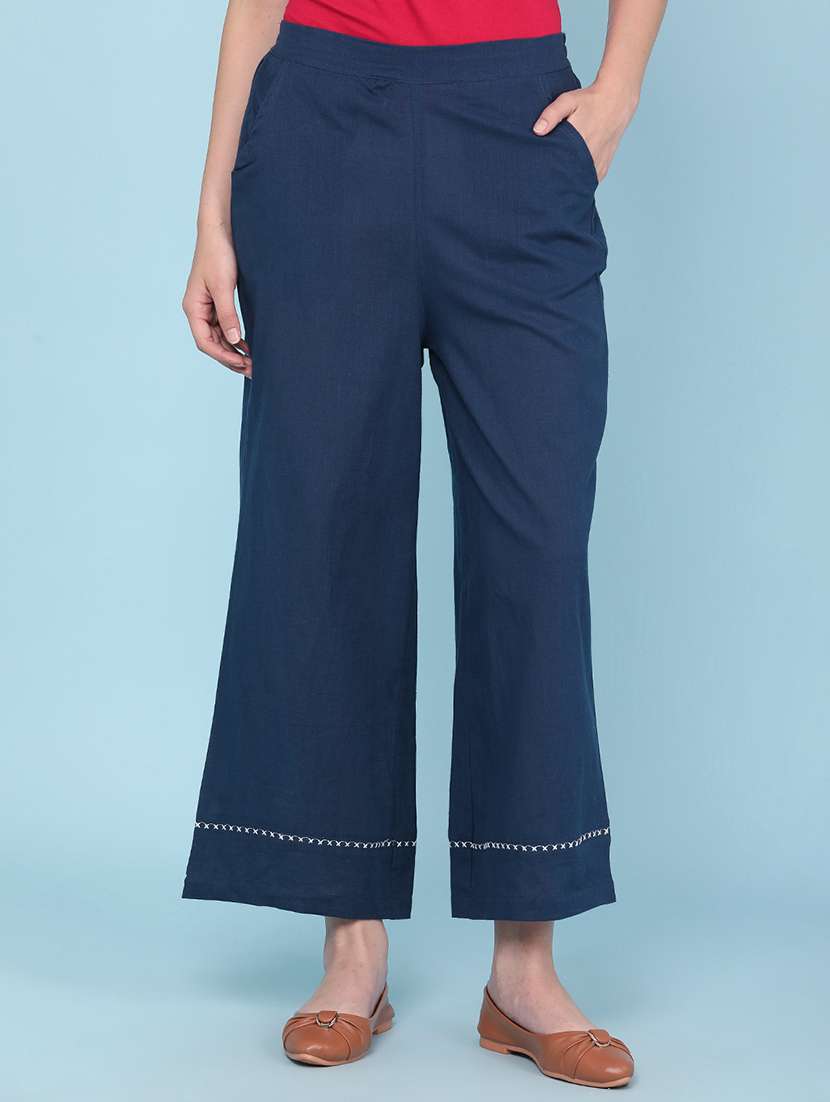 women solid mid rise wide leg trouser