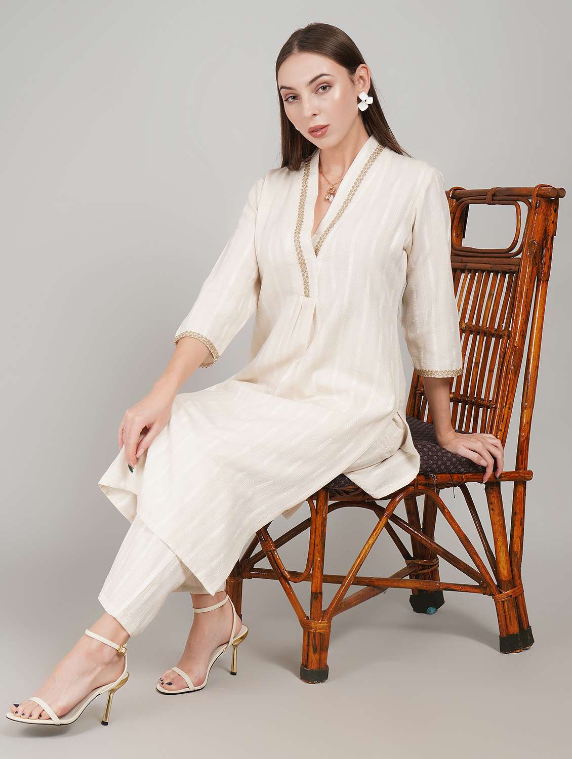 women self design three quarter sleeve kurta pant set - 22217638 -  Standard Image - 1