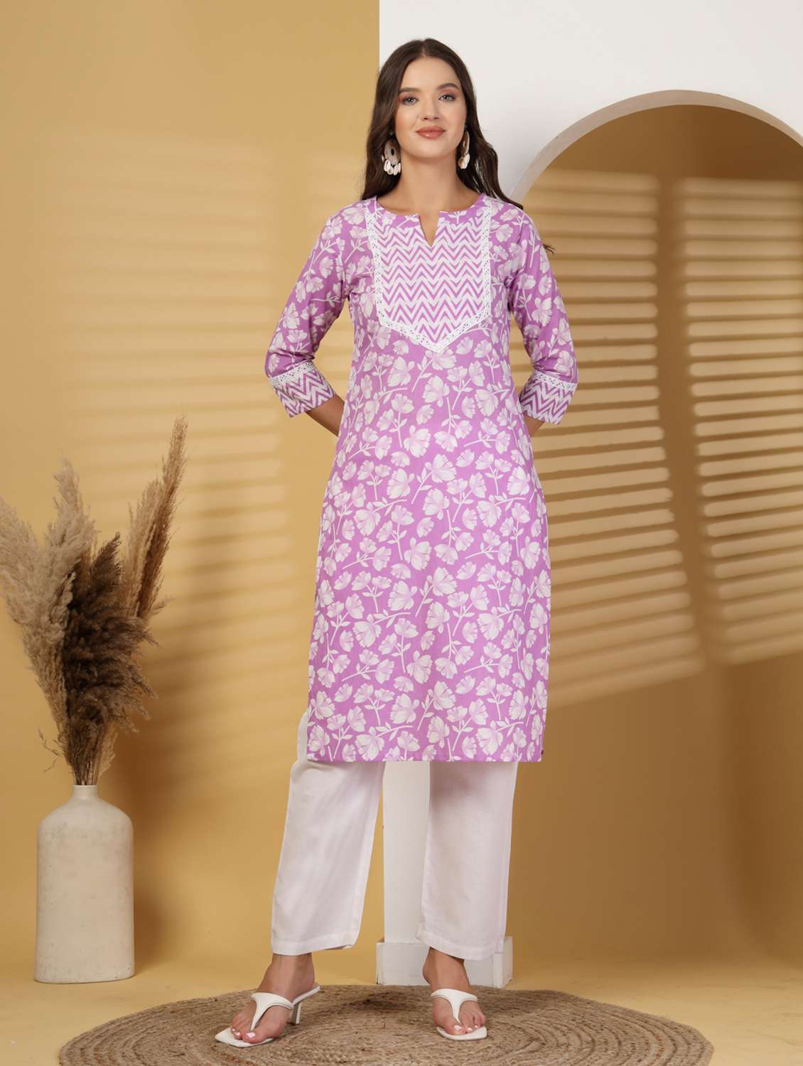 women floral three quarter sleeve straight kurta - 22217639 -  Standard Image - 1