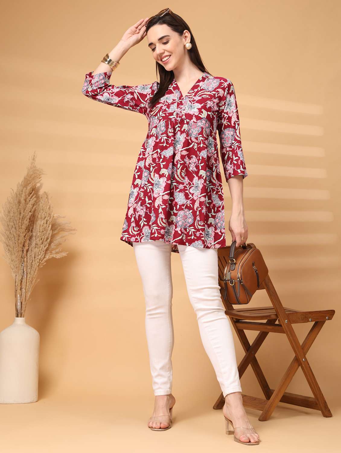 women floral three quarter sleeve a-line tunic - 22217640 -  Standard Image - 1