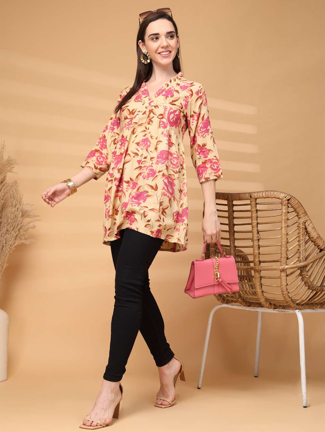 women floral three quarter sleeve a-line tunic - 22217641 -  Standard Image - 1