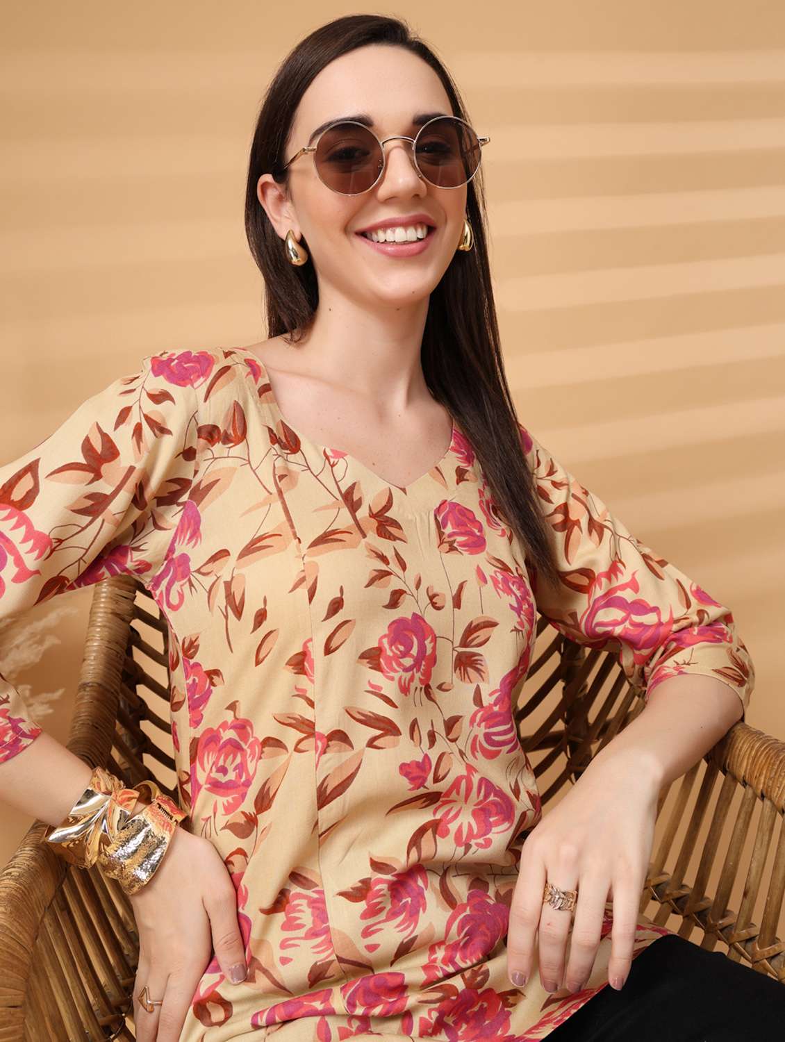 women floral three quarter sleeve a-line kurti - 22217642 -  Standard Image - 1