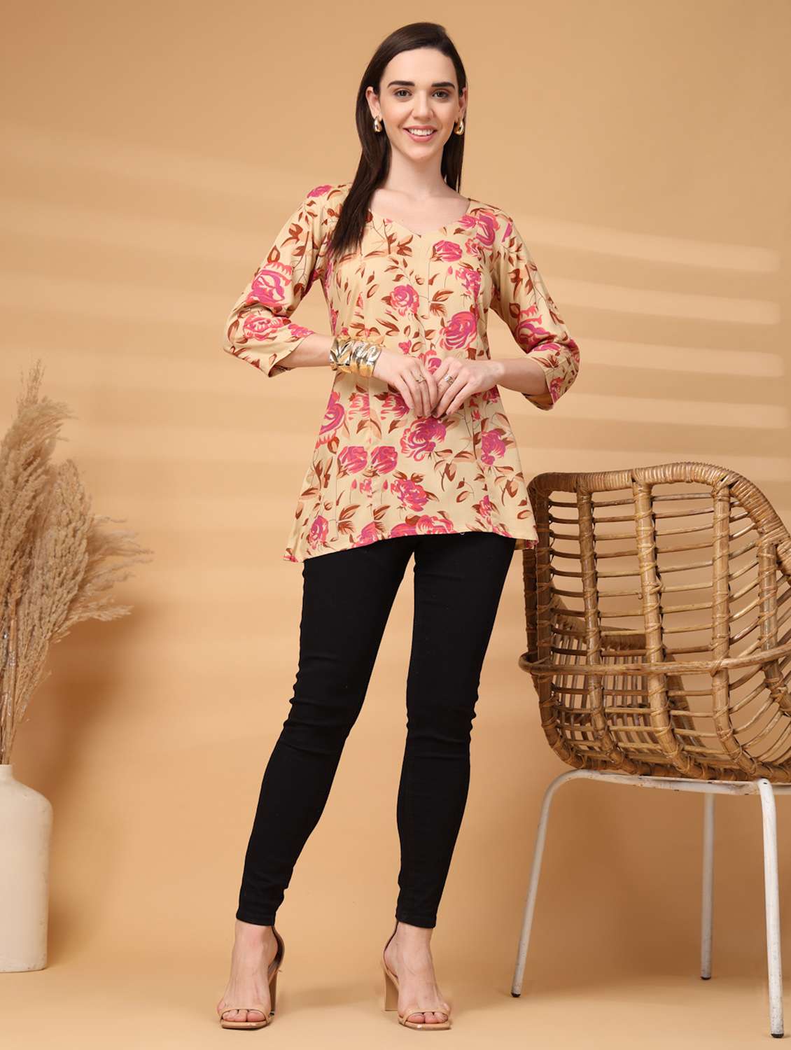 women floral three quarter sleeve a-line kurti - 22217642 -  Standard Image - 4