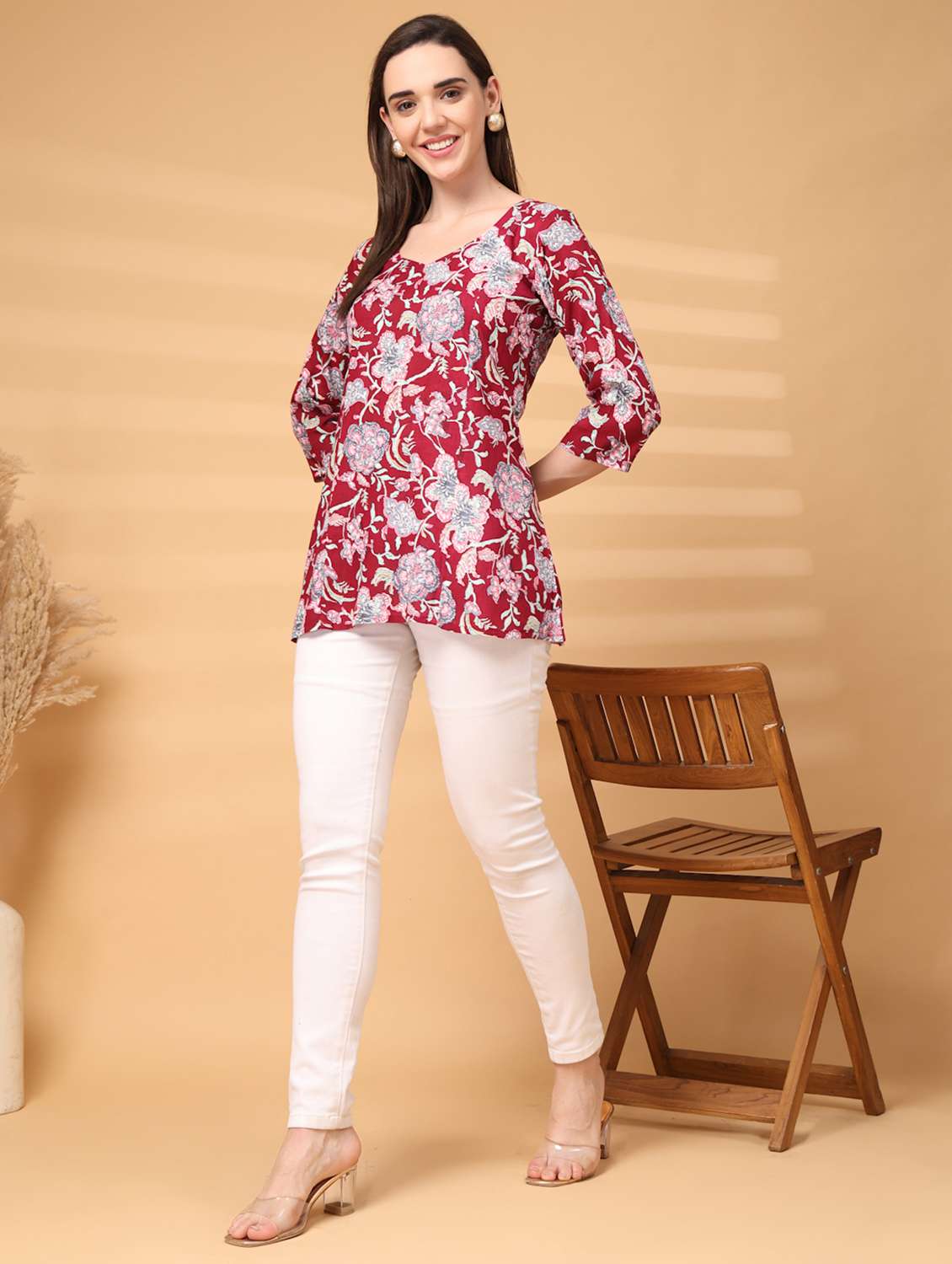 women floral three quarter sleeve a-line kurti - 22217643 -  Standard Image - 4