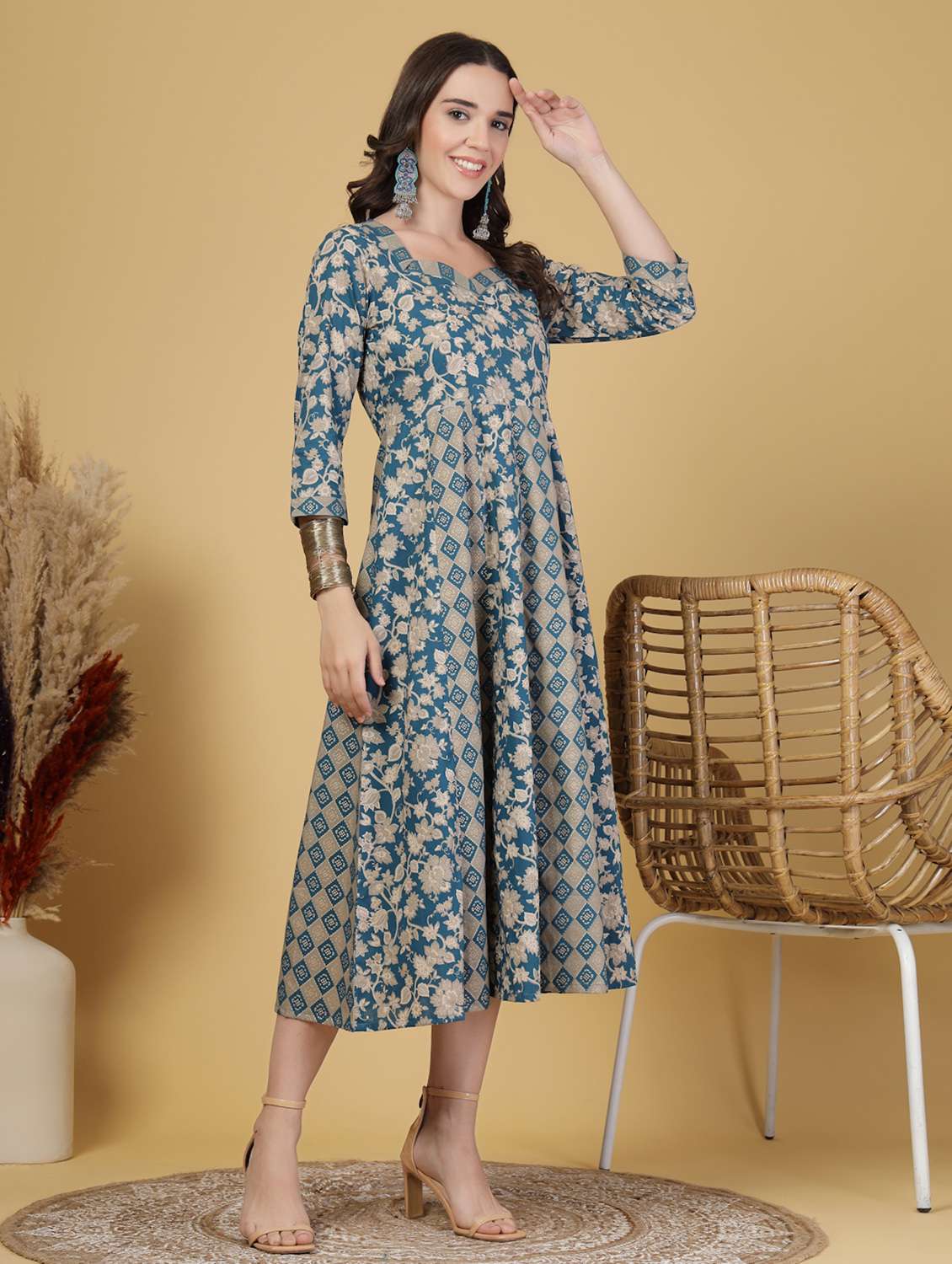 women printed three quarter sleeve anarkali dress - 22217644 -  Standard Image - 1