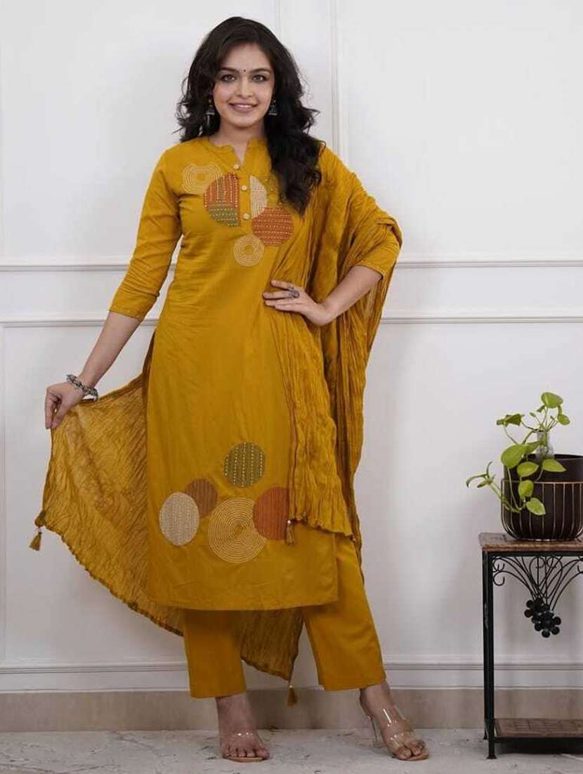 women solid with work three quarter sleeve kurta pant with dupatta set - 22217785 -  Standard Image - 1