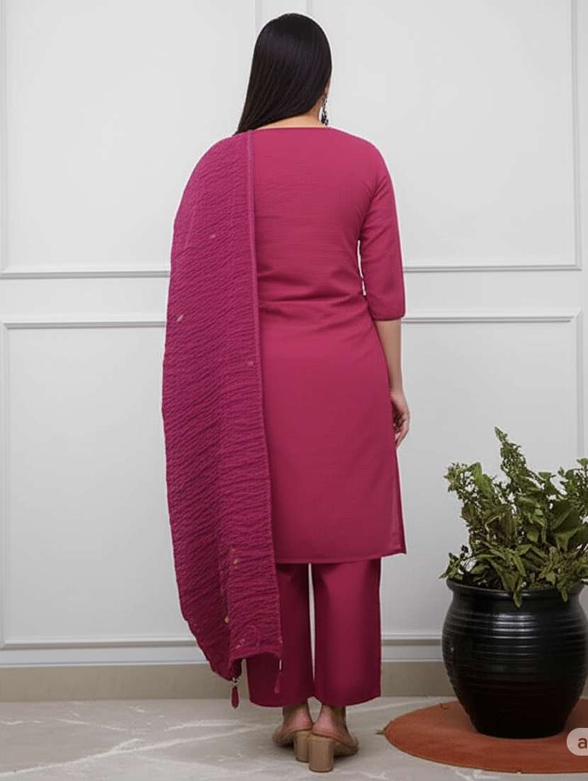 women solid with work three quarter sleeve kurta pant with dupatta set - 22217786 -  Standard Image - 1