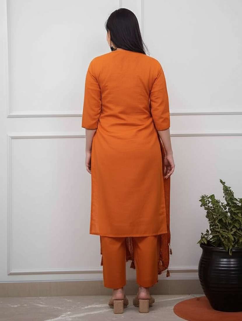 women solid with work three quarter sleeve kurta pant with dupatta set - 22217787 -  Standard Image - 1