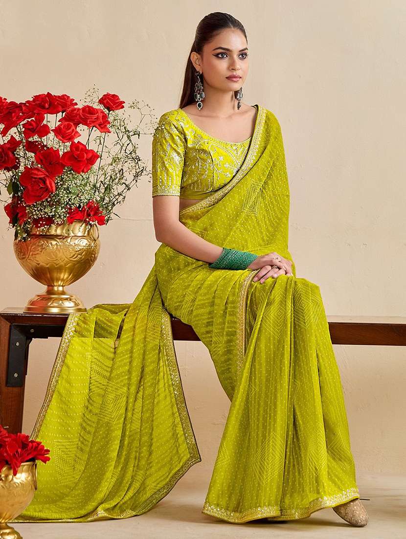lime chiffon printed saree with blouse - 22217982 -  Standard Image - 1