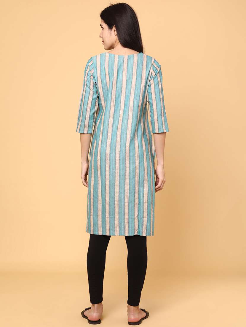 women striped three quarter sleeve straight kurta - 22218294 -  Standard Image - 4