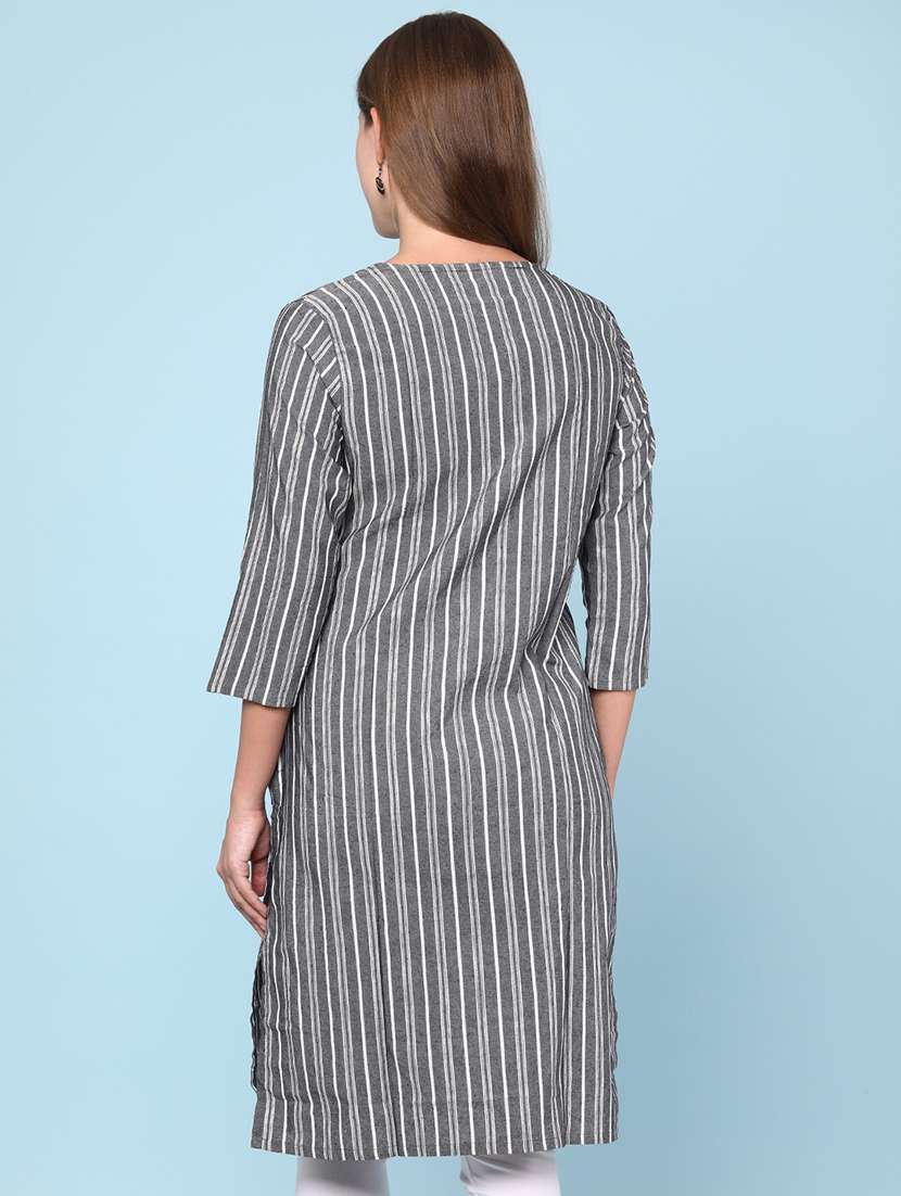 women striped three quarter sleeve straight kurta - 22218326 -  Standard Image - 4