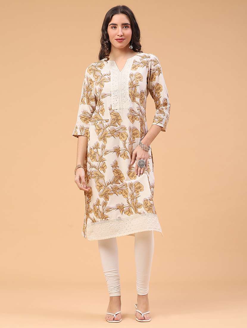  women printed three quarter sleeve straight kurta - 22218333 -  Standard Image - 1