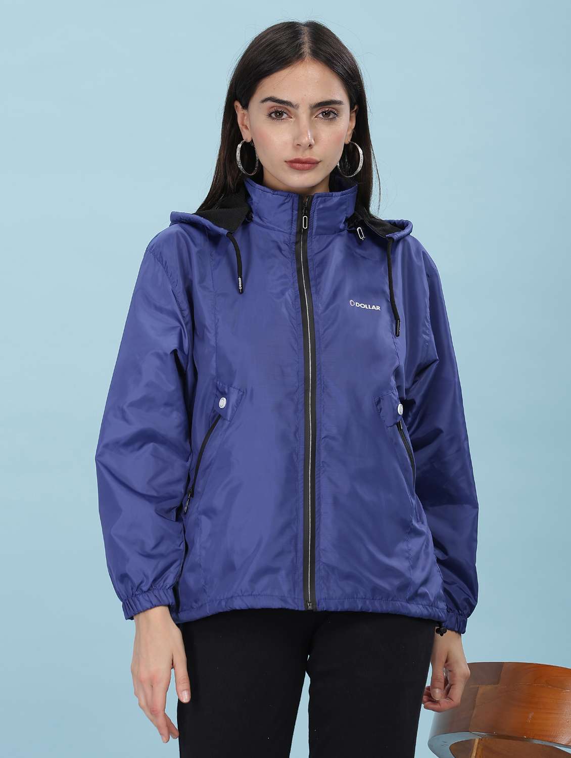 women solid long sleeve hooded windcheater jacket