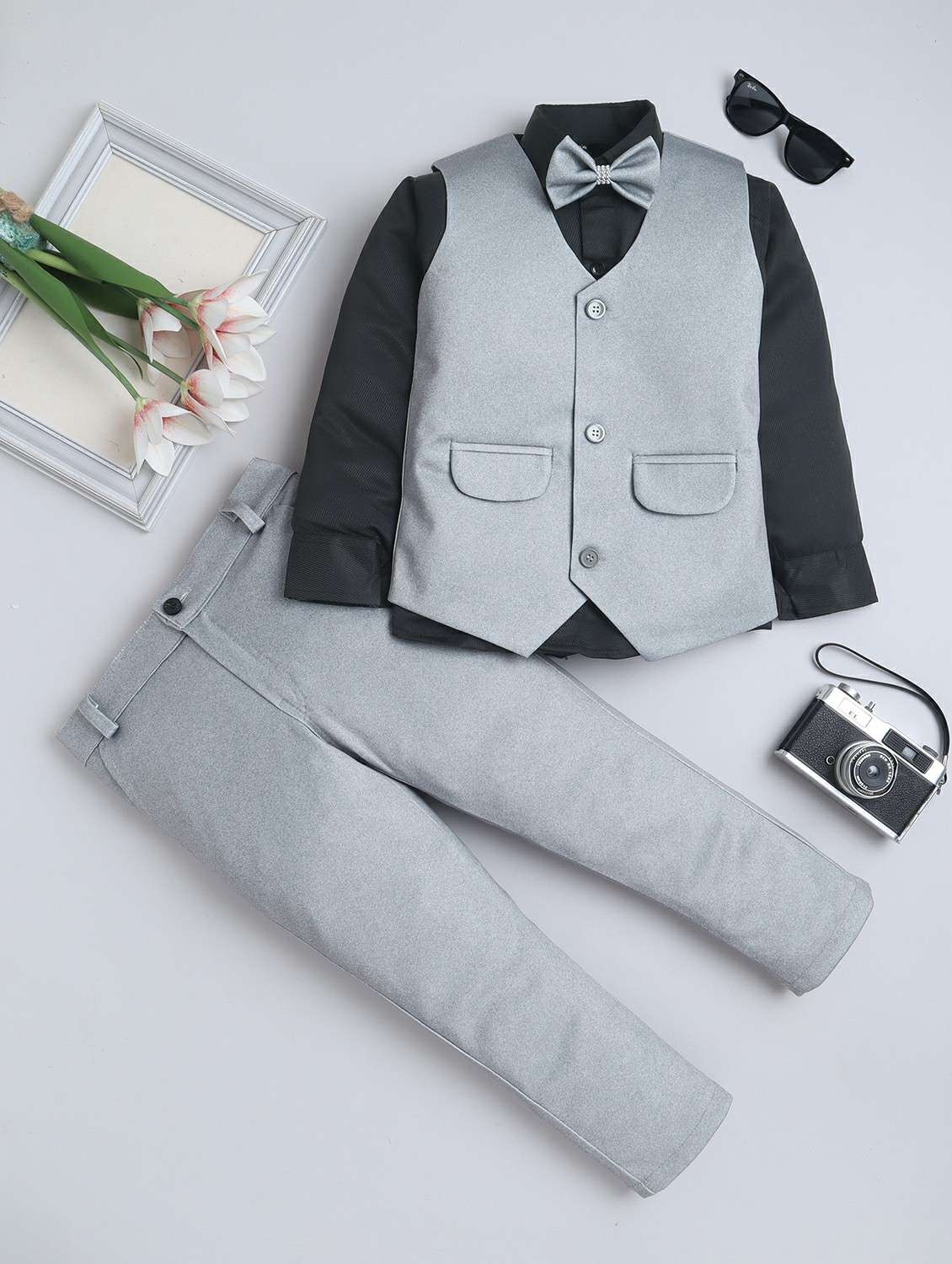 boys solid shirt and trouser with wasitcoat set