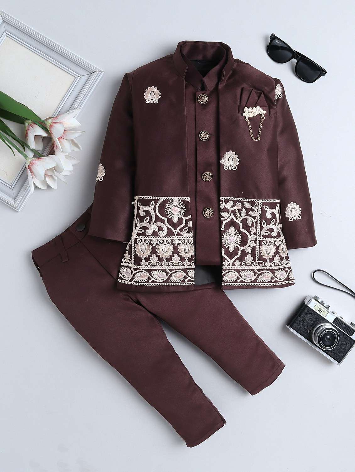 boys embroidered long sleeve sherwani set