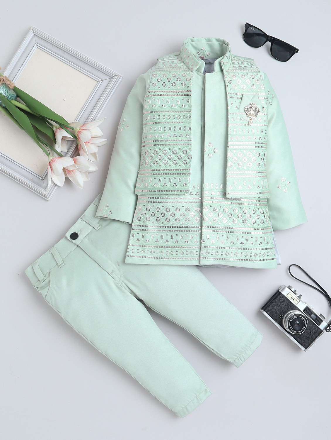 boys embroidered long sleeve sherwani set
