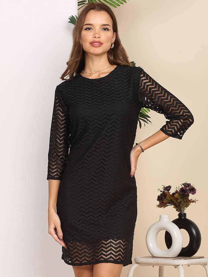 women solid three quarter sleeve lace a-line dress - 22218760 -  Standard Image - 1