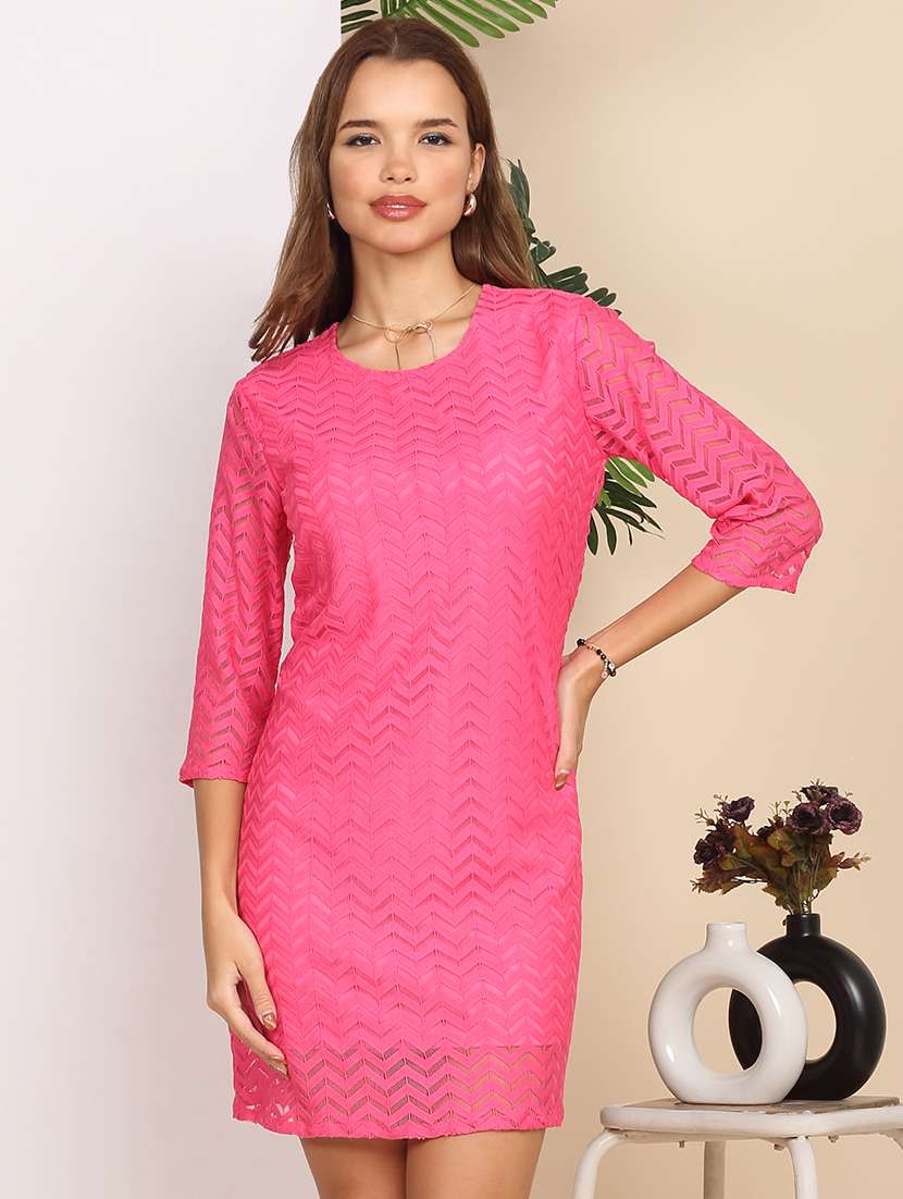women solid three quarter sleeve lace a-line dress - 22218761 -  Standard Image - 1