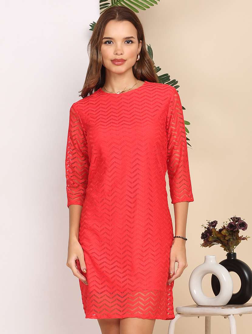 women solid three quarter sleeve lace a-line dress - 22218762 -  Standard Image - 1
