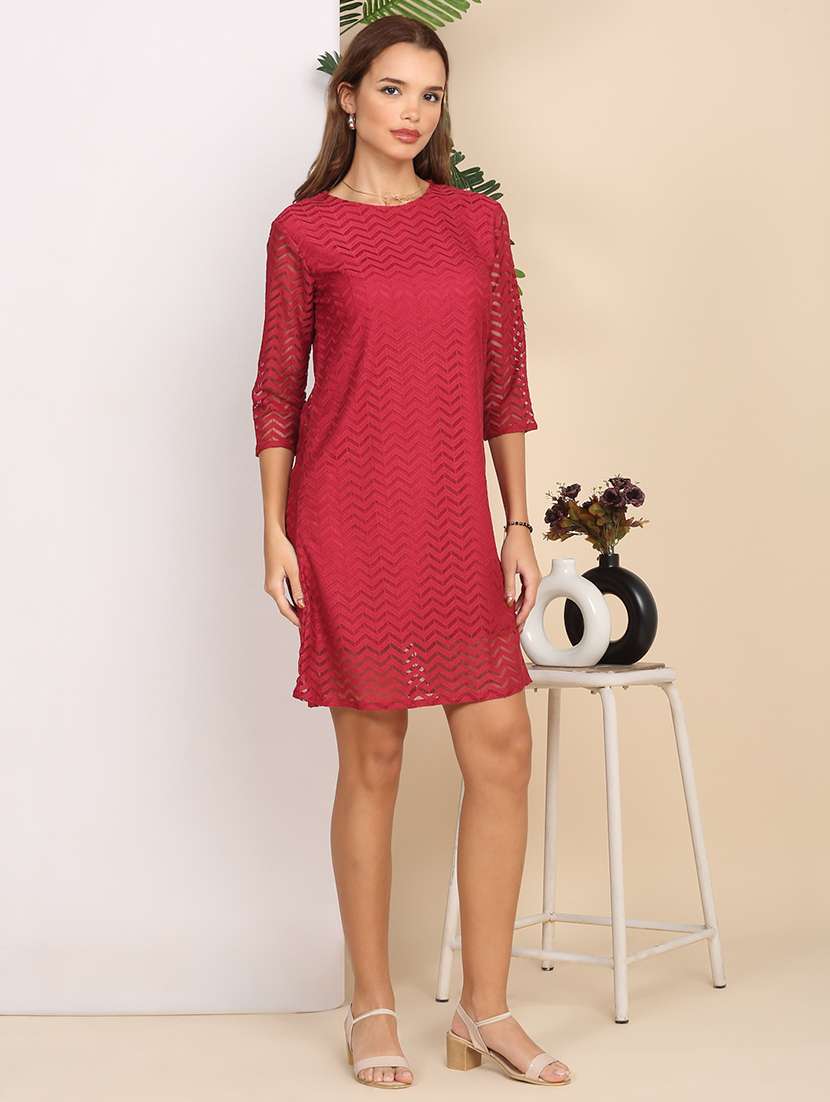 women solid three quarter sleeve lace a-line dress - 22218763 -  Standard Image - 1